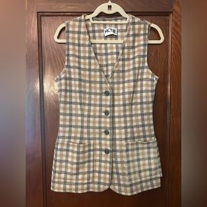 Vintage Act III Houndstooth Plaid Knit Long Vest Beige Grey Wool Blend Small